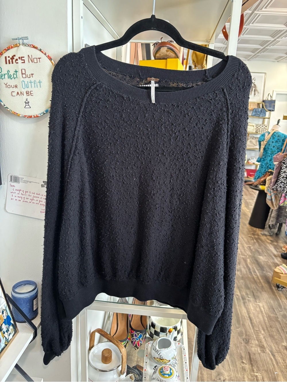 Free People Black Textured Crewneck Sweatshirt